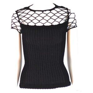 Rib Knit Black Top With Open Weave Netting On Top - USA